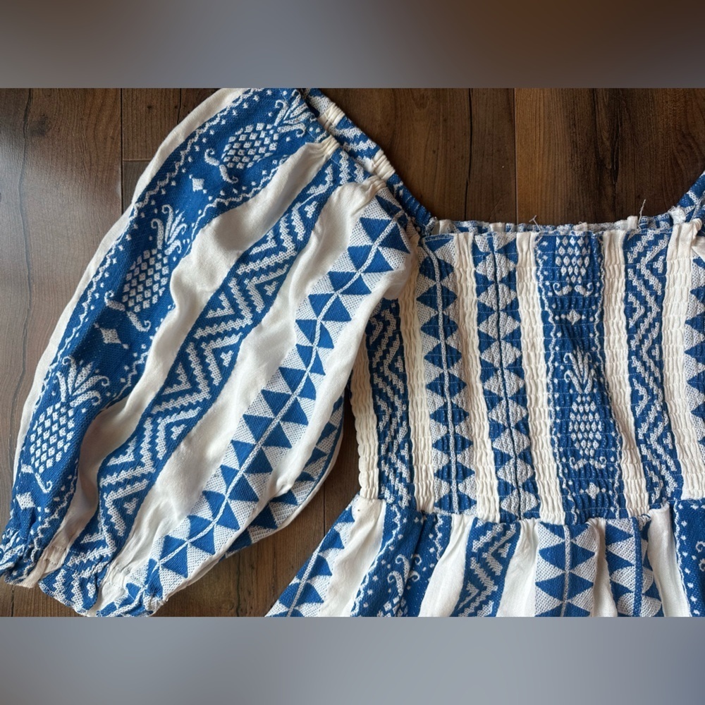 En Crème Blue White Smocked Puff Sleeve Mini Dress Cottagecore Boho Small - Picture 4 of 8